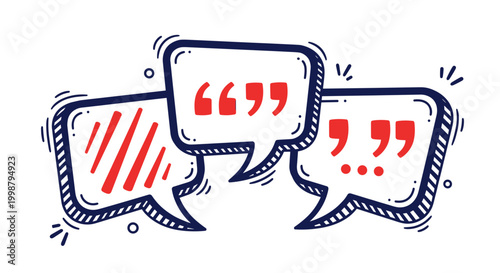 Three hand drawn speech bubbles with quotation marks and dialogue symbols representing communication conversation