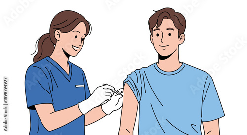 Friendly nurse in blue uniform and gloves administers vaccine injection to smiling man's arm in medical healthcare