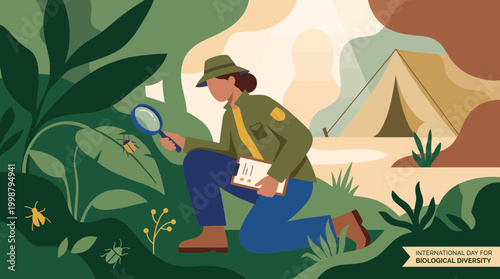 Biologist studying insects in nature for Biological Diversity Day