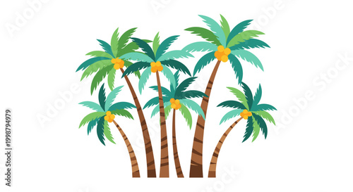 Vibrant cluster of stylized tropical palm trees with green fronds and brown textured trunks evoking a sunny summer