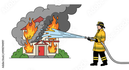 Dedicated firefighter in protective gear bravely battles a raging house fire spraying water from a hose to extinguish