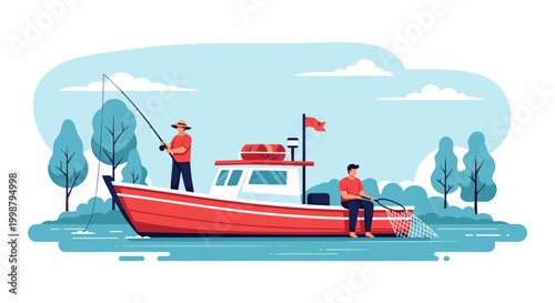 Two fishermen with fishing rods on a red boat enjoying leisure activity on water with trees and clouds in background