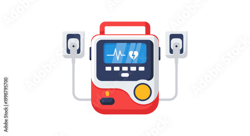 Modern automated external defibrillator aed device with connected pads displaying vital signs and heart rhythm