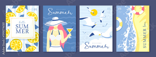 Set of summer Italian posters or covers with woman silhouette, cocktail, lemons, beach, seagulls and swim ring on the beach. Vector illustration