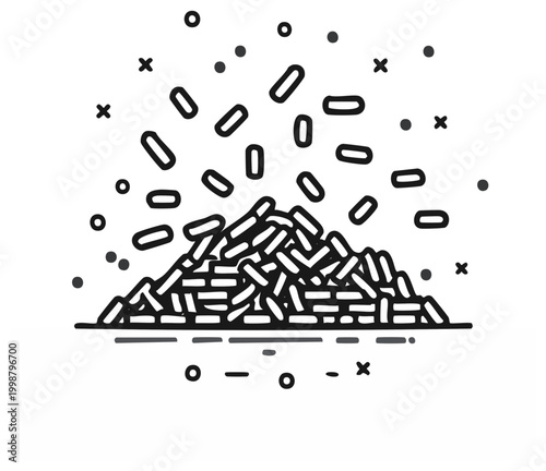 Illustration of a pile of rectangular objects raining down with scattered dots and cross shapes