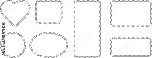 Halftone set of rope frames, nautical border elements, vector illustration of twisted cord frames in various shapes including heart, circle, oval, square and rectangle