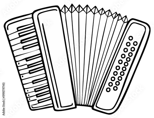 Monochrome line art of classic accordion for coloring book pages or educational illustrations showcases musical instrument