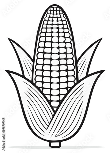 Stylized black and white illustration of a single ear of corn with husks and leaves
