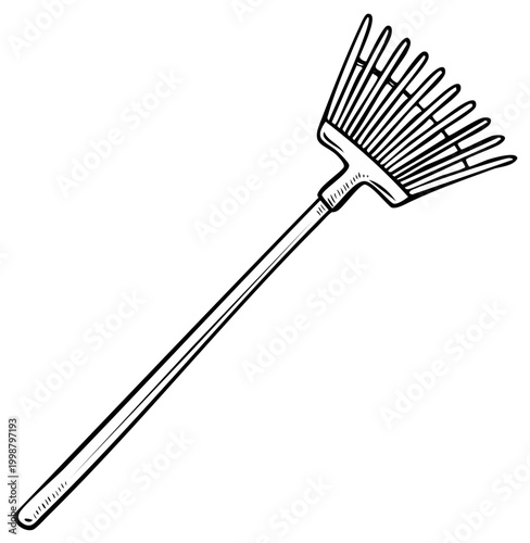 Hand-drawn outline of a garden rake tool with long handle and fanned tines