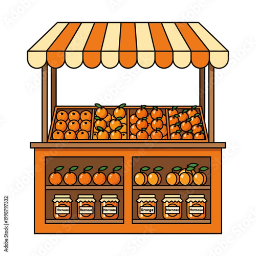 Fresh Orange Fruit Stand with Jars of Marmalade and Juice