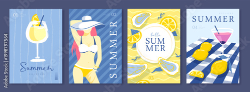 Set of summer Italian posters or covers with woman silhouette, cocktails, lemonade, lemons, oysters and tablecloth. Vector illustration