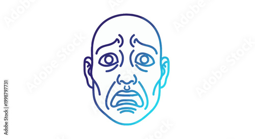 Scared Man Face Illustration, Fear Emotion, Anxiety, Stress, Horror Expression, Blue Gradient