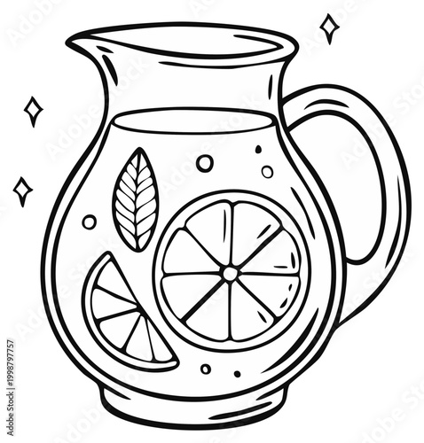 Hand drawn glass pitcher with citrus fruit slices and leaf inside, refreshing drink illustration