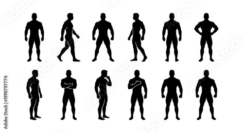 Tableau sur toile Set of Muscular Male Silhouette Icons - Athletic Poses and Bodybuilding Stances