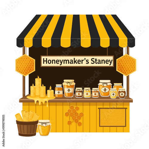 Honey Stand with Jars, Candles, and Honeycomb Illustrations