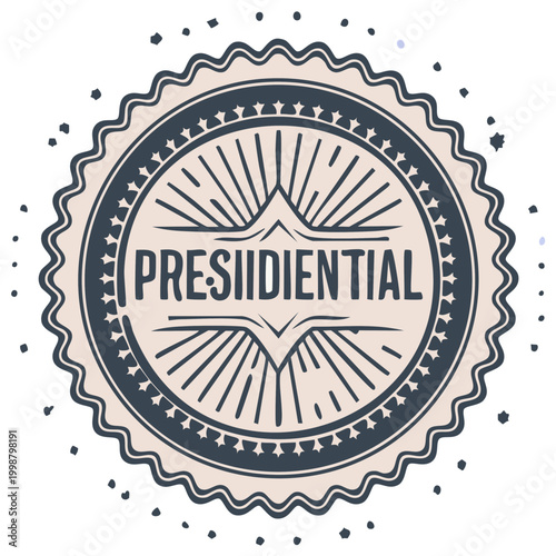 Circular vintage stamp design with radiating lines and bold text for presidential themes