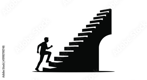 Businessman climbs a set of stairs in this black silhouette illustration representing career growth and professional advancement.