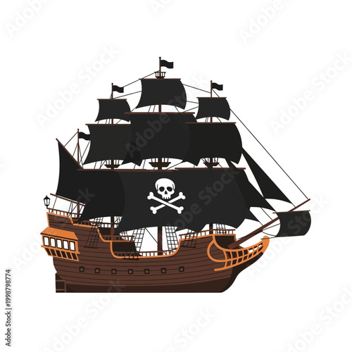 Pirate Ship with Black Sails and Jolly Roger Flag Sailing on White Background
