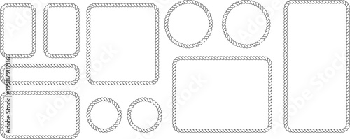 Set of rope frames of different shapes and sizes, nautical style borders, collection of rectangular and circular rope frames