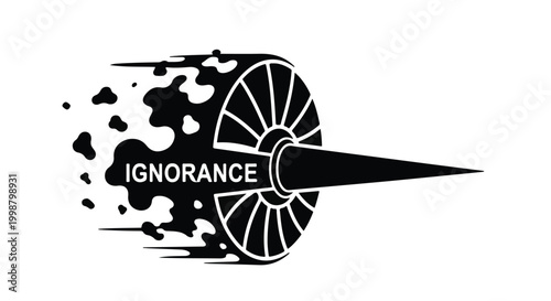 Ignorance is depicted as a dark ink blot spreading from a mechanical wheel to represent the obstruction of knowledge.