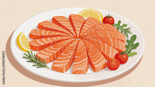 Sliced salmon arranged on a plate