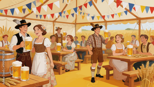 People in traditional attire celebrating at a beer festival