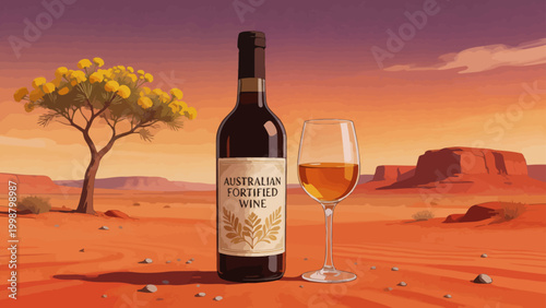 Wine bottle and glass in desert