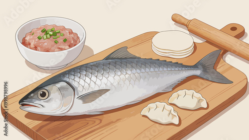 Fish on cutting board with dumplings
