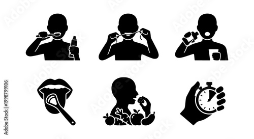 : A professional collection of six black silhouette icons representing essential dental hygiene practices. This high-quality vector set includes illustrations of tooth brushing