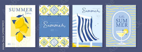 Set of summer Italian posters or covers with cocktail, tiles, seagull, lemons and beach locker room. Vector illustration