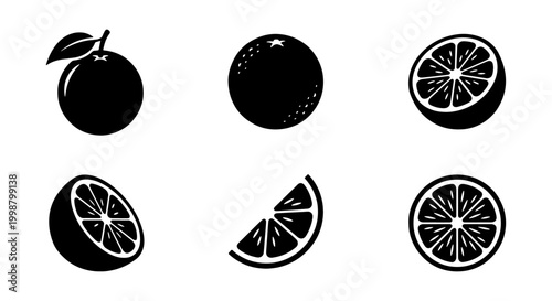  A high-quality collection of six black silhouette citrus fruit icons in vector format. This set includes whole oranges with leaves, textured fruit, halves, and slices with visible segments