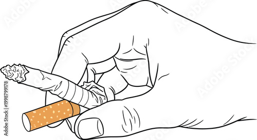 Hand holding a lit cigarette captures the concept of smoking habits and unhealthy lifestyle choices depicted through a simple minimalist black and white line drawing illustration