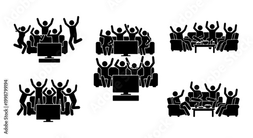  People and Stick Figures Watching TV and Cheering on Sofa Silhouette Icons Set