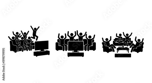 People Silhouettes Watching TV and Cheering on Sofa Vector Icons