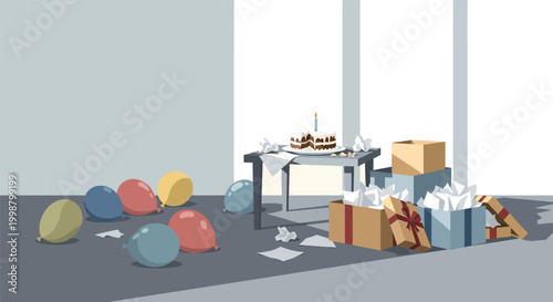 Quiet aftermath of a festive birthday celebration is evident with deflated colorful balloons, a partially eaten cake, and discarded gift wrapping paper around empty boxes.