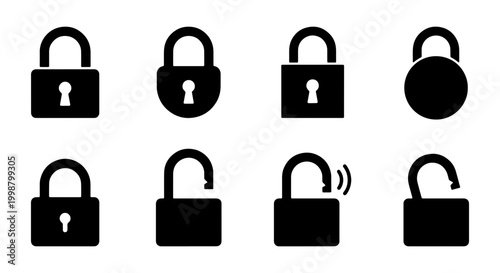  A professional collection of eight black silhouette padlock icons, featuring both locked and unlocked states. This high-quality vector set includes various padlock shapes such as round, square
