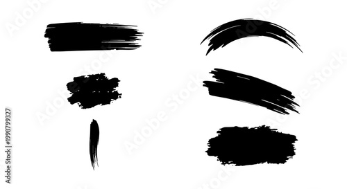 A versatile collection of high-quality black paint brush strokes and ink splatters in vector format. These hand-painted textures feature various shapes including straight lines, curves, and thick patc