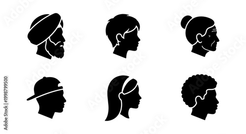 6 Diverse Profile Silhouettes with Turban, Afro, and Cap. Professional Inclusion Vector Icons for UI UX Branding.