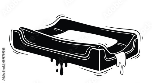 Container box features thick dark liquid dripping from its edges onto a clean white surface area.