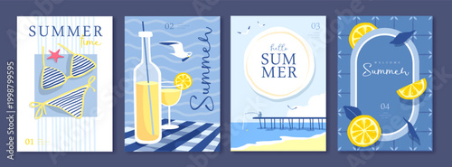 Set of summer Italian posters or covers with cocktail, bikini, seagulls, lemons,  fisherman and beach landscape. Vector illustration