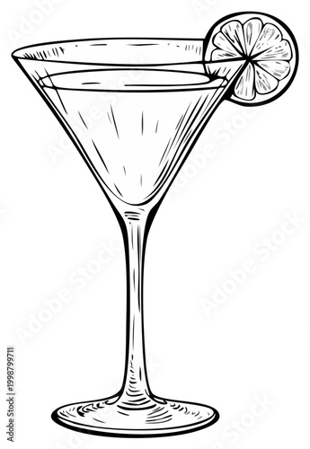 Sketch of a cocktail glass with a lime slice garnish on a white background