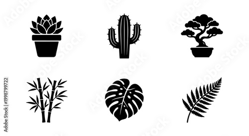 Foto A professional collection of six black silhouette icons representing popular houseplants and botanical elements