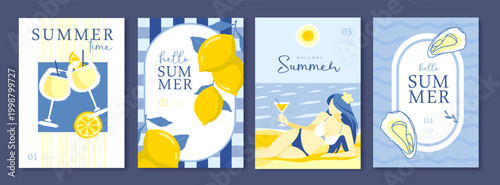 Set of summer Italian posters or covers with cocktails, woman on the beach, oysters and frame. Vector illustration