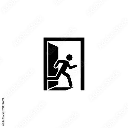 Running person icon exiting open doorway, silhouette, black and white, escape concept