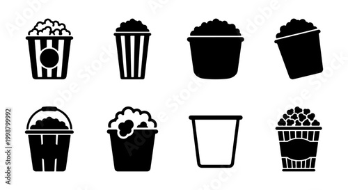 Foto Cinema Popcorn Snack Icon Set – Movie Theater Bucket Vector Symbols