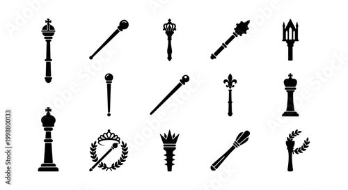 Photos Royal Scepter and Medieval Mace Silhouette Vector Icon Set