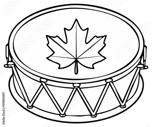 Black and white illustration of a drum with maple leaf