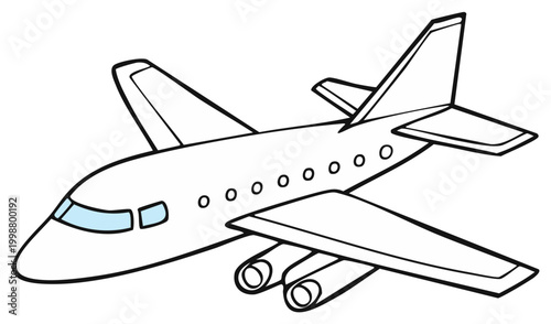 Simple cartoon illustration of a passenger jet airplane with two engines and tail fins