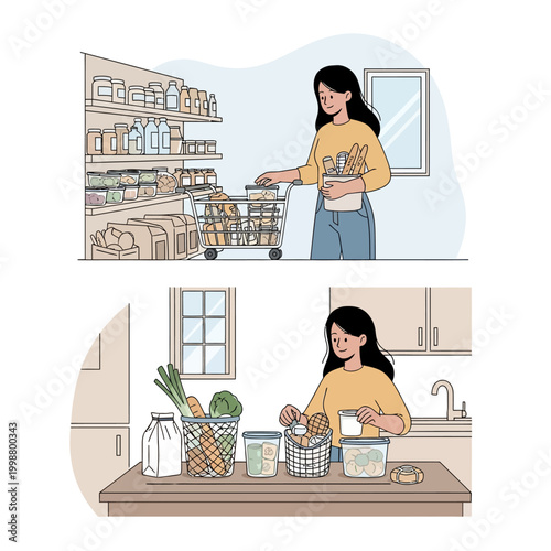 Woman shopping for groceries and organizing food in the kitchen, lifestyle concept.