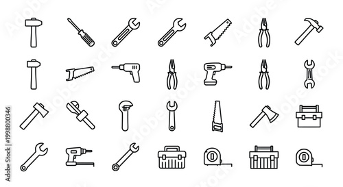 A diverse collection of line art icons representing essential construction, repair, and handyman tools